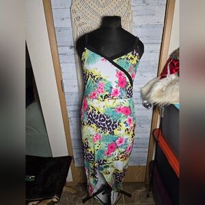 VENUS Floral & Leopard Print Tropical Asymetrical Maxi Dress Pink, Green, Black